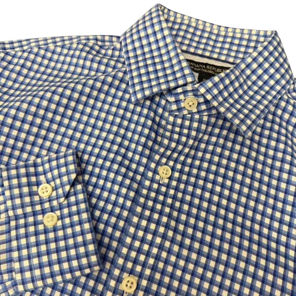 Banana Republic Mens Blue Gingham Non-Iron Tailored Slim Fit Cotton Shirt Small